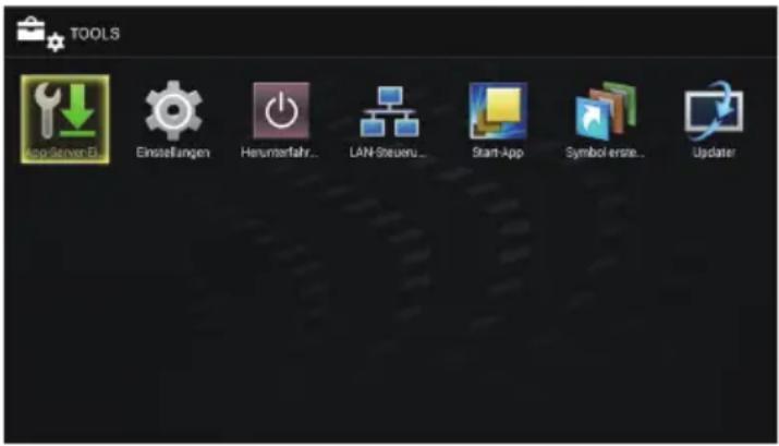 TOOLS Top Server E... Einstellungen Herunterfahr... LAN-Steuernu... Start-App Symbol erste... Updater