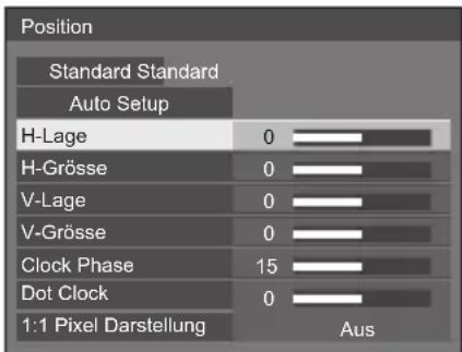 Position Standard Standard Auto Setup H-Lage 0 H-Größe 0 V-Lage 0 V-Größe 0 Clock Phase 15 Dot Clock 0 1:1 Pixel Darstellung Aus