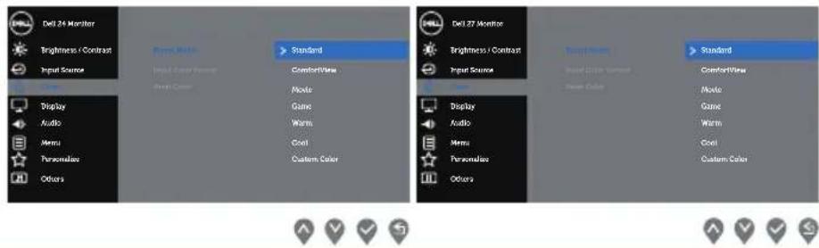 DELL S Series S2419HN - Preset Modes When you select preset modes, you can choose Standard, ComfortView, Movie, Game, Warm, Cool or Custom Color from the list. - 1