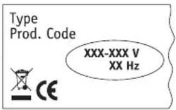 Type Prod. Code XXX-XXX V XX Hz CE