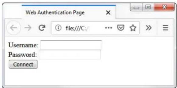 Web Authentication Page ← → C file:///C:/ ... ✓ >> ≡ Username: Password: Connect