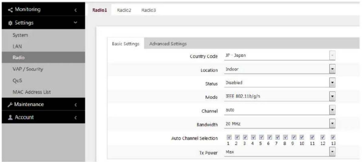 Monitoring Settings System LAN Radio VAP / Security QoS MAC Address List Maintenance Account Radio1 Radio2 Radio3 Basic Settings Advanced Settings Country Code JP - Japan Location Indoor Status Disabled Mode IEEE 802.11h/g/n Channel auto Bandwidth 20 MHz Auto Channel Selection 1 2 3 4 5 6 7 8 9 10 11 12 13 Tx Power Max