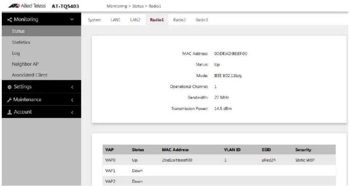 Allied Telesis AT-TQ5403 Monitoring > Status > Radio1 Monitoring System LAN1 LAN2 Radio1 Radio2 Radio3 Status Statistics Log Neighbor AP Associated Client Settings Maintenance Account MAC Address: 00:DE:AD:BE:EF:00 Status: Up Mode: IEEE 802.11b/g Operational Channel: 1 Bandwidth: 20 MHz Transmission Power: 14.5 dBm VAP Status MAC Address VLAN ID SSID Security VAP0 Up 2x01a1fbeef00 1 allied24 Static WEP VAP1 Down VAP2 Down