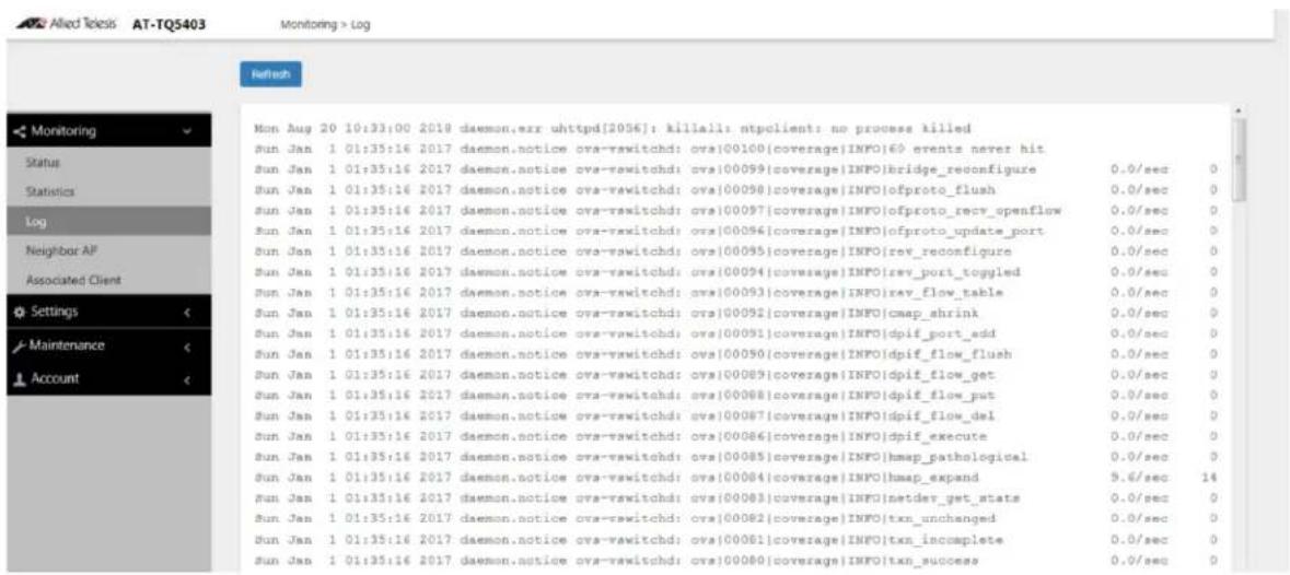 Allied Teless AT-TQS403 Monitoring > Log Mon Aug 20 10:33:00 2019 daemon.err uhttpd[2056]: killall: ntpolient: no process killed Sun Jan 1 01:35:16 2017 daemon.notice ova-rawitchd: ovs|00100|coverage|INFO|60 events never hit Sun Jan 1 01:35:16 2017 daemon.notice ova-rawitchd: ovs|00099|coverage|INFO|bridge_reconfigure 0.0/sec 0 Sun Jan 1 01:35:16 2017 daemon.notice ova-rawitchd: ovs|00058|coverage|INFO|ofproto_flush 0.0/sec 0 Sun Jan 1 01:35:16 2017 daemon.notice ova-rawitchd: ovs|00097|coverage|INFO|ofproto_recv_openflow 0.0/sec 0 Sun Jan 1 01:35:16 2017 daemon.notice ova-rawitchd: ovs|00096|coverage|INFO|ofproto_update_port 0.0/sec 0 Sun Jan 1 01:35:16 2017 daemon.notice ova-rawitchd: ovs|00095|coverage|INFO|rev_reconfigure 0.0/sec 0 Sun Jan 1 01:35:16 2017 daemon.notice ova-rawitchd: ovs|00094|coverage|INFO rev_port_toggled 0.0/sec 0 Sun Jan 1 01:35:16 2017 daemon.notice ova-rawitchd: ovs|00093|coverage|INFO rev_flow_table 0.0/sec 0 Sun Jan 1 01:35:16 2017 daemon.notice ova-rawitchd: ovs|00092|coverage|INFO |cmap_shrink 0.0/sec 0 Sun Jan 1 01:35:16 2017 daemon.notice ova-rawitchd: ovs|00091|coverage|INFO |dpif_port_add 0.0/sec 0 Sun Jan 1 01:35:16 2017 daemon.notice ova-rawitchd: ovs|00090|coverage|INFO |dpif_flow_flush 0.0/sec 0 Sun Jan 1 01:35:16 2017 daemon.notice ova-rawitchd: ovs|00089|coverage|INFO |dpif_flow_get 0.0/sec 0 Sun Jan 1 01:35:16 2017 daemon.notice ova-rawitchd: ovs|00088|coverage|INFO |dpif_flow_put 0.0/sec 0 Sun Jan 1 01:35:16 2017 daemon.notice ova-rawitchd: ovs|00087|coverage|INFO |dpif_flow_del 0.0/sec 0 Sun Jan 1 01:35:16 2017 daemon.notice ova-rawitchd: ovs|00086|coverage|INFO |dpif_execute 0.0/sec 0 Sun Jan 1 01:35:16 2017 daemon.notice ova-rawitchd: ovs|00085|coverage|INFO |hmap_pathological 0.0/sec 0 Sun Jan 1 01:35:16 2017 daemon.notice ova-rawitchd: ovs|00084|coverage|INFO |hmap_expand 9.6/sec 14 Sun Jan 1 01:35:16 2017 daemon.notice ova-rawitchd: ovs|00083|coverage|INFO |netdev_get_stats 0.0/sec 0 Sun Jan 1 01:35:16 2017 daemon.notice ova-rawitchd: ovs|00082|coverage|INFO |txn_unchanged 0.0/sec 0 Sun Jan 1 01:35:16 2017 daemon.notice ova-rawitchd: ovs|00081|coverage|INFO |txn_incomplete 0.0/sec 0 Sun Jan 1 01:35:16 2017 daemon.notice ova-rawitchd: ovs|00080|coverage|INFO |txn_successs 0.0/sec 0