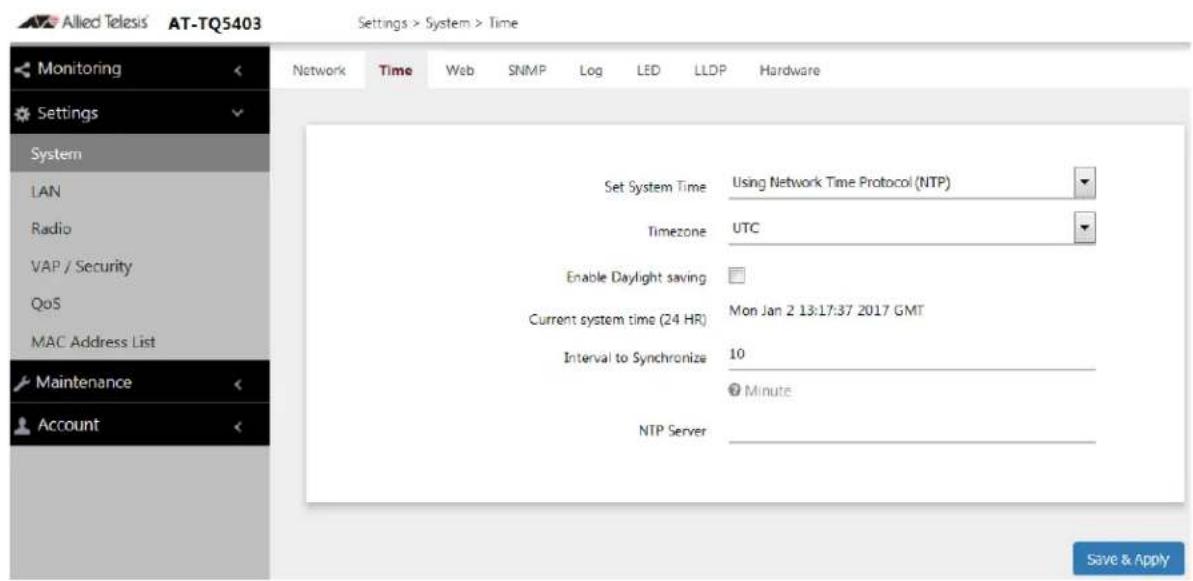 Allied Telesis AT-TQ5403 Settings > System > Time Monitoring Settings System LAN Radio VAP / Security QoS MAC Address List Maintenance Account Network Time Web SNMP Log LED LLDP Hardware Set System Time Using Network Time Protocol (NTP) Timezone UTC Enable Daylight saving Current system time (24 HR) Mon Jan 2 13:17:37 2017 GMT Interval to Synchronize 10 NTP Server Save & Apply