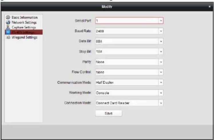 Modify Basic Information Network Settings Capture Settings CS-483 Settings Wiegand Settings Serial Port: 1 Baud Rate: 2400 Data Bit: 8Bit Stop Bit: 1Bit Panty: None Flow Control: None Communication Mode: Half Duplex Working Mode: Console Connection Mode: Connect Card Reader Save