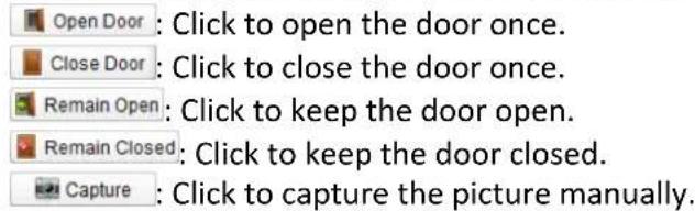Open Door : Click to open the door once. Close Door : Click to close the door once. Remain Open : Click to keep the door open. Remain Closed : Click to keep the door closed. Capture : Click to capture the picture manually.