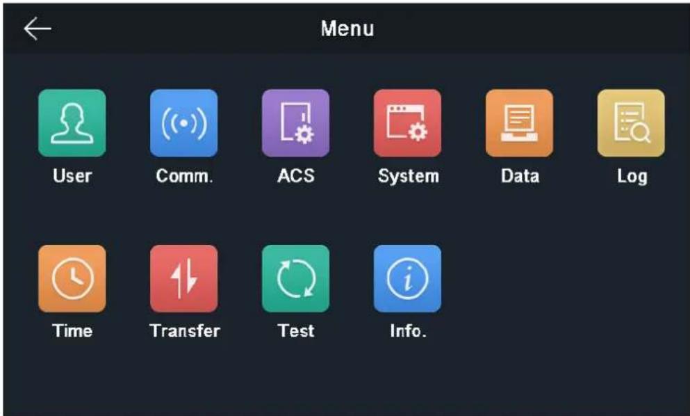 Menu User Comm. ACS System Data Log Time Transfer Test Info.
