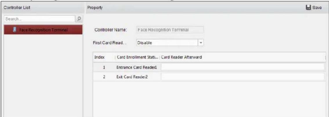 Controller List Search... Face Recognition Terminal Property Controller Name: Face Recognition Terminal First Card Read... Disable Index | Card Enrollment Status... | Card Reader Afterward 1 Entrance Card Reader1 2 Exit Card Reader2 Save