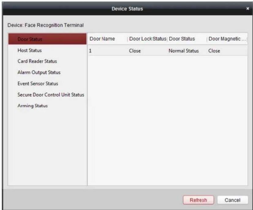 Device: Face Recognition Terminal Door Status Host Status Card Reader Status Alarm Output Status Event Sensor Status Secure Door Control Unit Status Arming Status Door Name | Door Lock Status | Door Status | Door Magnetic ... 1 Close Normal Status Close Refresh Cancel