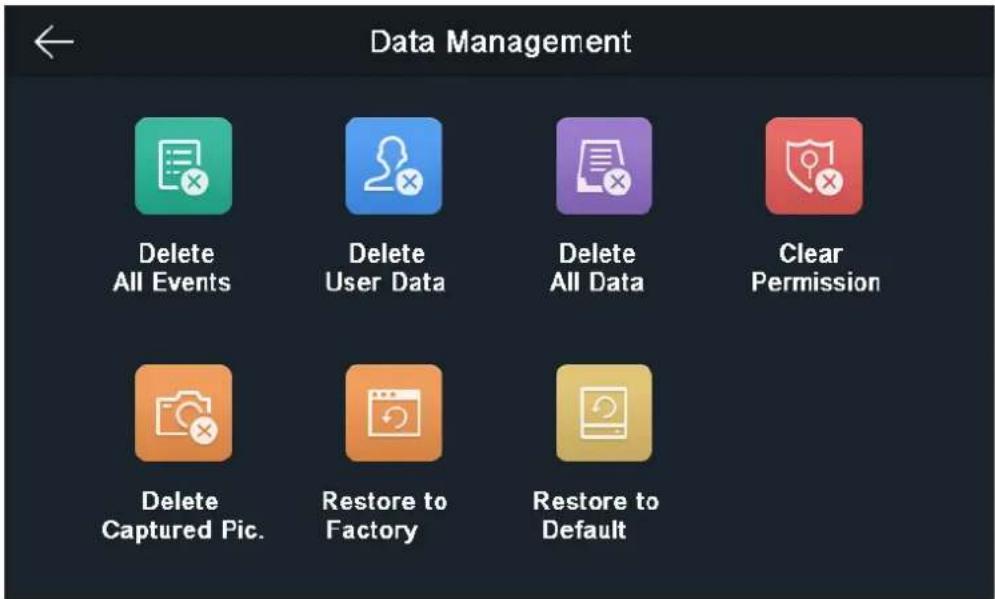 Data Management Delete All Events Delete User Data Delete All Data Clear Permission Delete Captured Pic. Restore to Factory Restore to Default