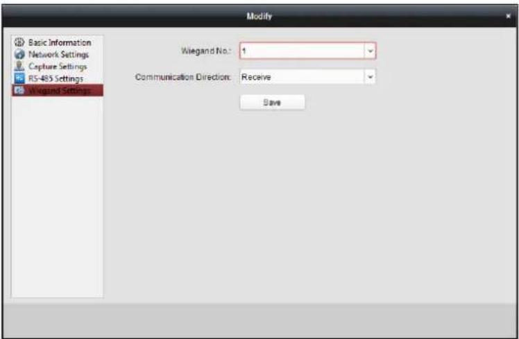 Modify Basic Information Network Settings Capture Settings RS-485 Settings Wiegand Settings Wiegand No.: 1 Communication Direction: Receive Save