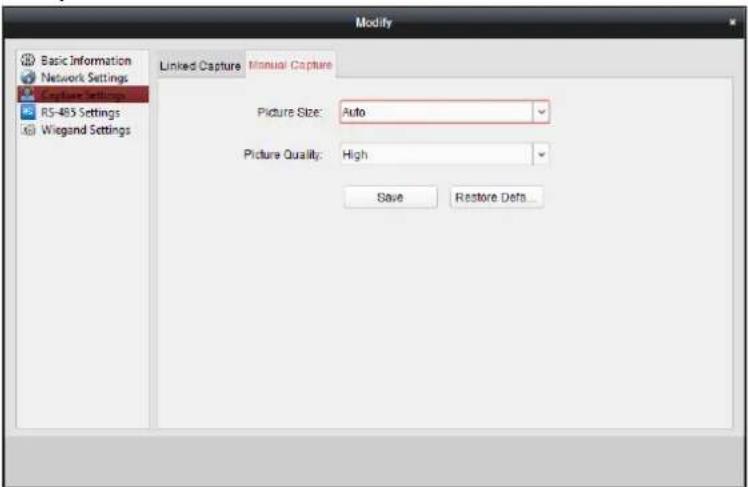 Modify Basic Information Network Settings Capture Settings RS-485 Settings Wiegand Settings Linked Capture Manual Capture Picture Size: Auto Picture Quality: High Save Restore Data...