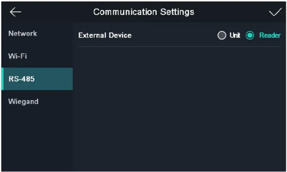 Communication Settings Network External Device Unit Reader Wi-Fi RS-485 Wiegand
