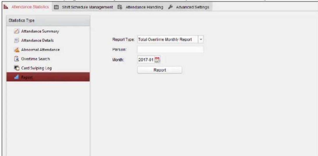 Attendance Statistics Shift Schedule Management Attendance Handling Advanced Settings Statistics Type Attendance Summary Attendance Details Abnormal Attendance Overtime Search Card Swiping Log Report Report Type: Total Overline Monthly Report Person: Month: 2017-01 Report