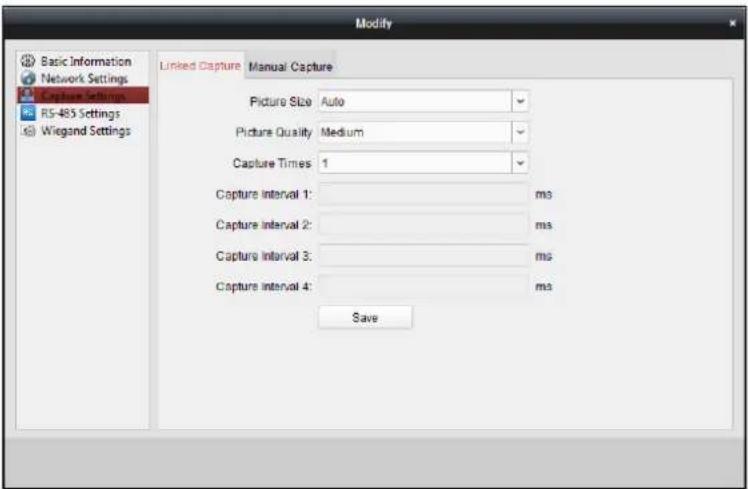 Modify Basic Information Network Settings Capture Settings RS-485 Settings Wiegand Settings Linked Capture Manual Capture Picture Size Auto Picture Quality Medium Capture Times 1 Capture Interval 1: ms Capture Interval 2: ms Capture Interval 3: ms Capture Interval 4: ms Save