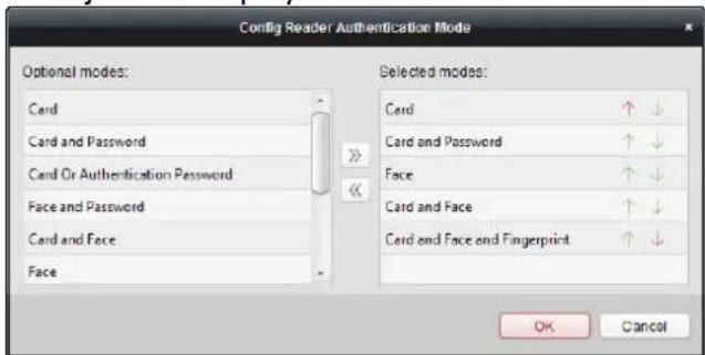 Config Reader Authentication Mode Optional modes: Card Card and Password Card Or Authentication Password Face and Password Card and Face Face Selected modes: Card Card and Password Face Card and Face Card and Face and Fingerprint OK Cancel