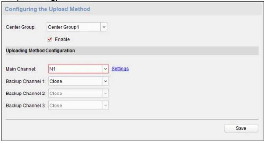 Configuring the Upload Method Center Group: Center Group1 Enable Uploading Method Configuration Main Channel: N1 Settings Backup Channel 1: Close Backup Channel 2: Close Backup Channel 3: Close Save