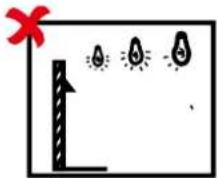Diagram with a red X mark and three lightbulb icons, possibly indicating illumination or detection points.