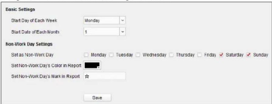 Basic Settings Start Day of Each Week Monday Start Date of Each Month 1 Non-Work Day Settings Set as Non-Work Day Monday Tuesday Wednesday Thursday Friday Saturday Sunday Set Non-Work Day's Color in Report Set Non-Work Day's Mark in Report Save