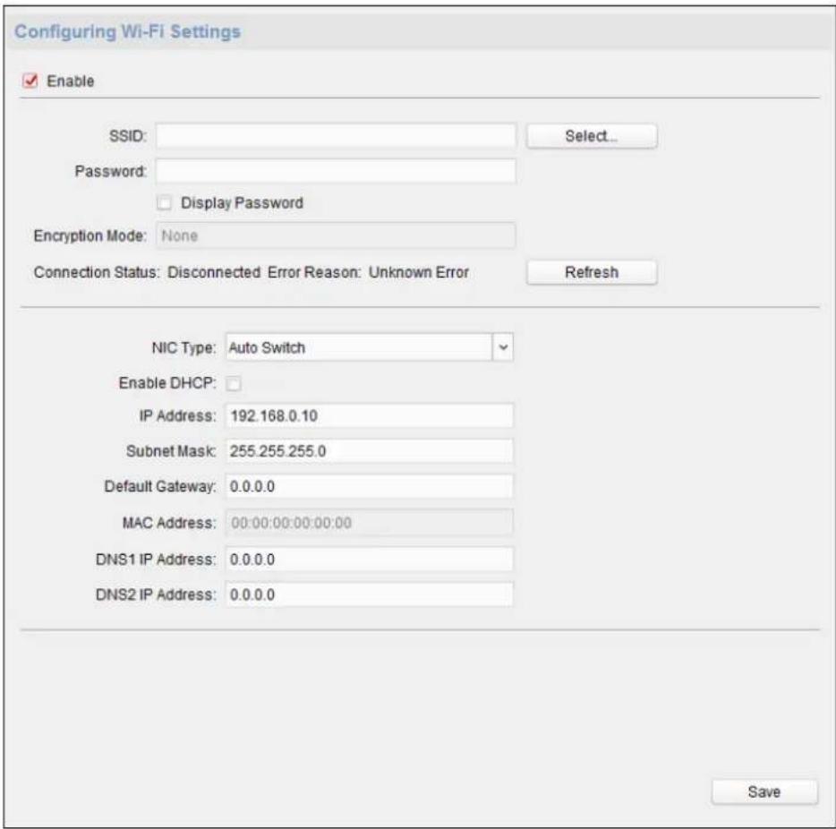 Configuring Wi-Fi Settings Enable SSID: Password: Display Password Encryption Mode: None Connection Status: Disconnected Error Reason: Unknown Error Refresh NIC Type: Auto Switch Enable DHCP: IP Address: 192.168.0.10 Subnet Mask: 255.255.255.0 Default Gateway: 0.0.0.0 MAC Address: 00:00:00:00:00:00 DNS1 IP Address: 0.0.0.0 DNS2 IP Address: 0.0.0.0 Save
