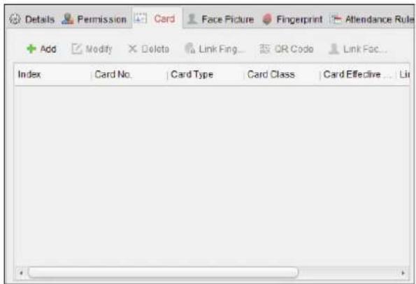 Details Permission Card Face Picture Fingerprint Attendance Rule Add Modify Delete Link Fing... QR Code Link Fac... Index Card No. Card Type Card Class Card Effective... Li