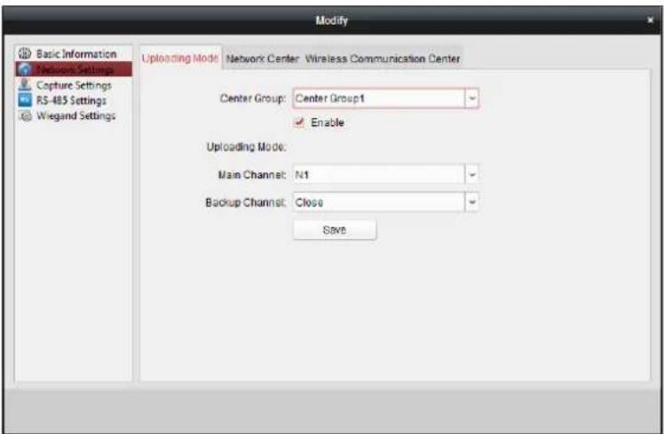 Modify Basic Information Capture Settings RS-485 Settings Wiegand Settings Uploading Mode Network Center Wireless Communication Center Center Group: Center Group1 Enable Uploading Mode: Main Channel: N1 Backup Channel: Close Save