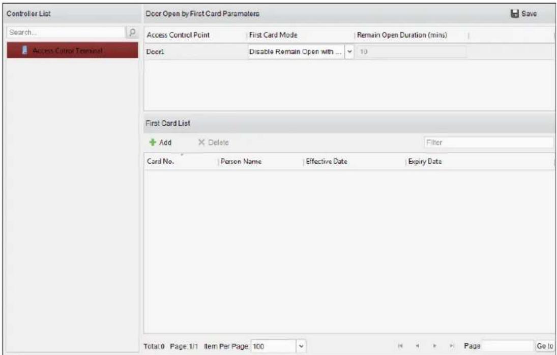 Controller List Search... Access Control Terminal Door Open by First Card Parameters Access Control Point First Card Mode Remain Open Duration (mins) Door1 Disable Remain Open with ... 10 First Card List Add Delete Filter Card No. Person Name Effective Date Expiry Date Total:0 Page:1/1 Item Per Page: 100 Page Go to