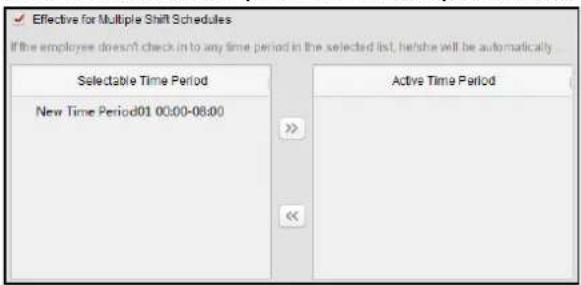 Effective for Multiple Shift Schedules If the employee doesn't check in to any time period in the selected list, he/she will be automatically Selectable Time Period New Time Period01 00:00-08:00 Active Time Period <<