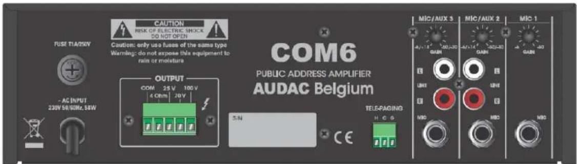 CAUTION RISK OF ELECTRIC SHOCK DO NOT OPEN Caution: only use fuses of the same type Warning: do not expose this equipment to rain or moisture FUSE TI/250V - AC INPUT 230V 50/10Hz, 50W OUTPUT COM 25 V 100 V 4 Ohm 70 V S/N TELE-PAGING H C G MIC/AUX 3 MIC/AUX 2 MIC 1 GAIN UNIT MIO MIC MIC