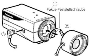 ① Fokus-Feststellschraube ② ③
