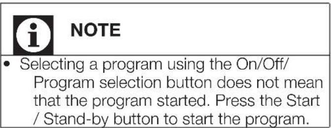 NOTE • Selecting a program using the On/Off/ Program selection button does not mean that the program started. Press the Start / Stand-by button to start the program.