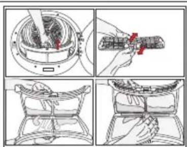 Technical diagram showing four steps of a mechanical assembly or cleaning procedure, with labeled components and directional arrows.