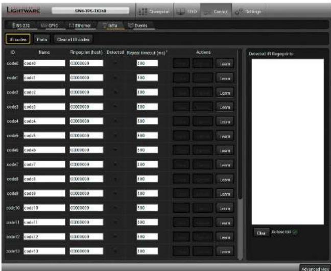 Lightware SW4-TPS-TX240 - IR Codes - 1