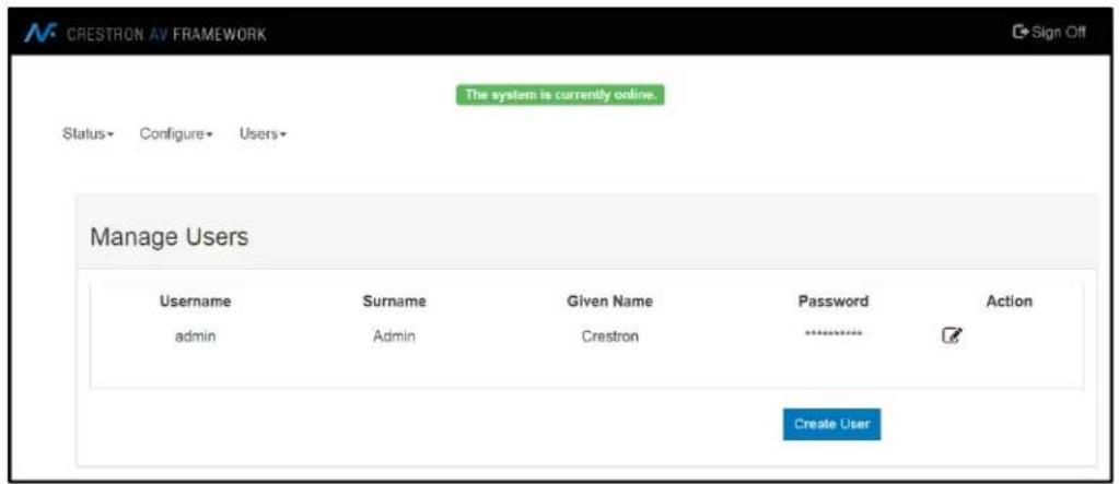 CRESTRON AV FRAMEWORK The system is currently online. Status• Configure• Users• Manage Users Username Surname Given Name Password Action admin Admin Crestron statistically Create User