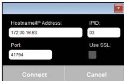 Hostname/IP Address: 172.30.16.63 IPID: 03 Port: 41794 Use SSL: Connect Cancel