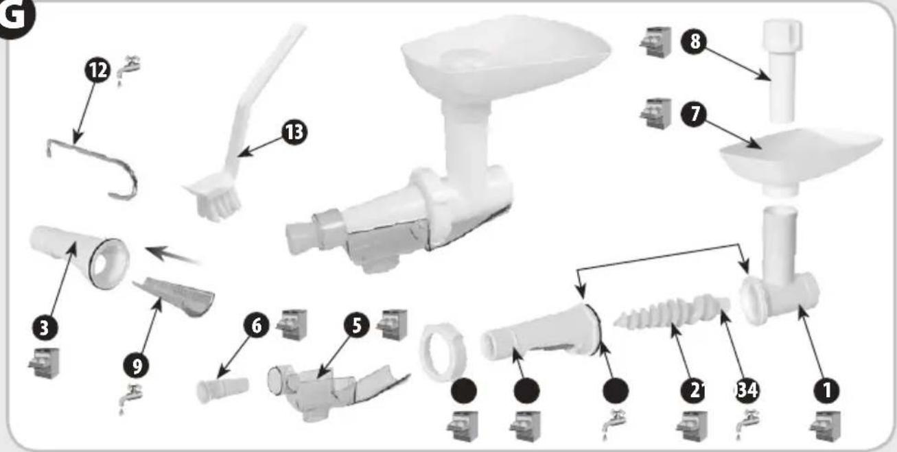Exploded view diagram of a hairdryer with numbered parts for identification and assembly steps