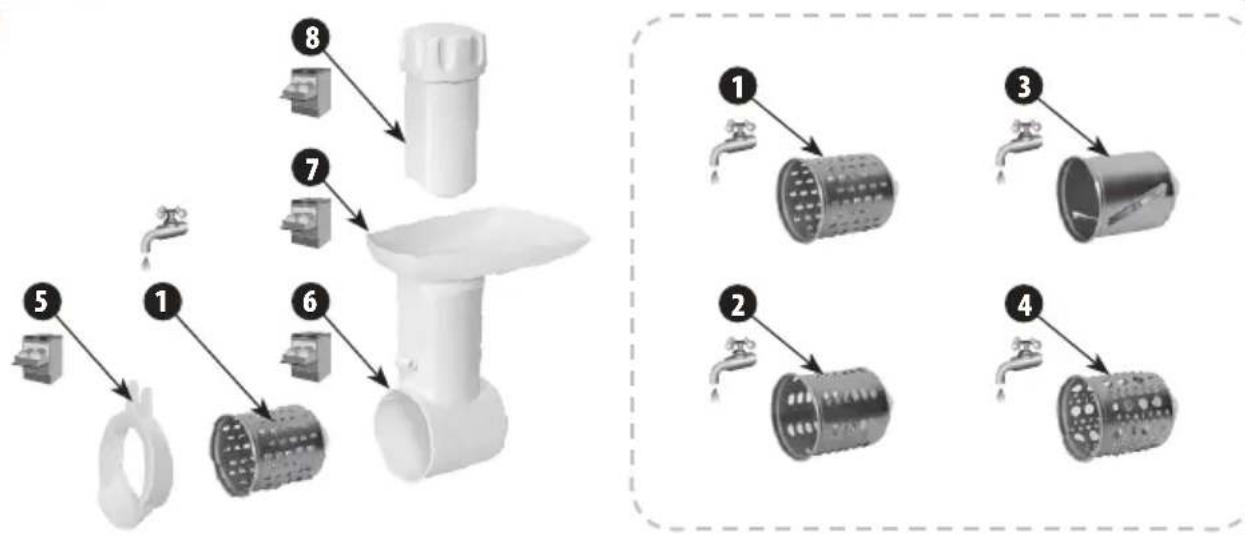 Diagram illustrating the assembly of a kitchen drain with labeled parts and water tap connections