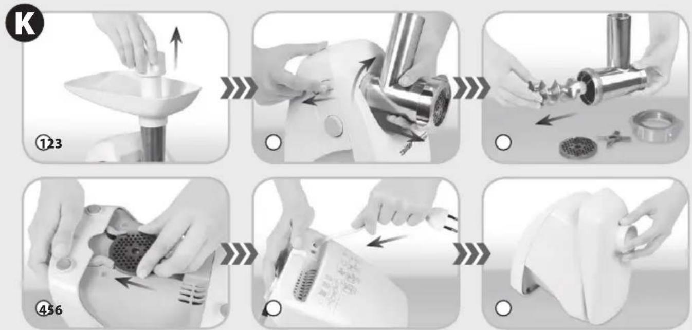 Step-by-step instructions for using a kitchen tool, showing steps from feeding to cleaning and packaging.