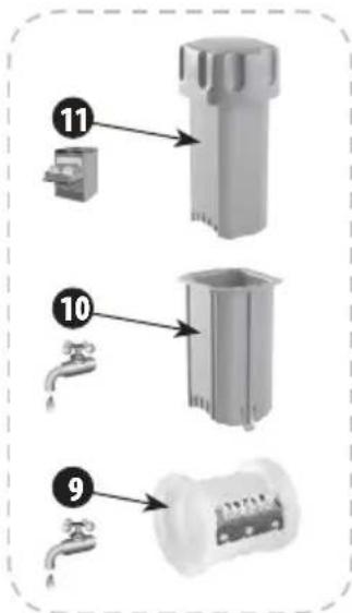 Diagram showing three labeled parts of a water dispenser with numbered annotations pointing to different components.