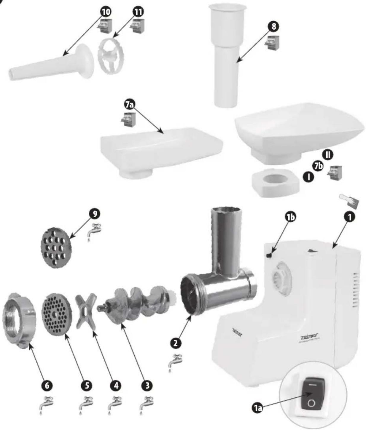 Exploded view diagram of a food processor with numbered parts for identification