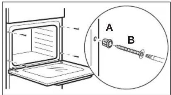 Technical diagram showing a door opening with a magnified inset of a screw labeled A and B, likely illustrating a mechanical or electrical assembly.