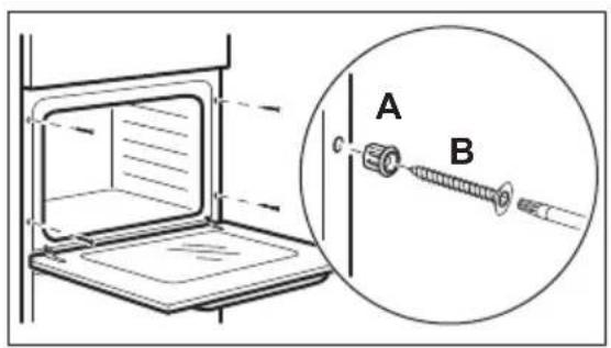 Technical diagram showing a door opening with a magnified inset of a screw assembly labeled A and B