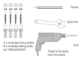 4 x Included fixing bolts "2 x Included fixing bolts for YSE/200/EQ4" Pencil Spanner Drill Tools to fix bolts (not included)