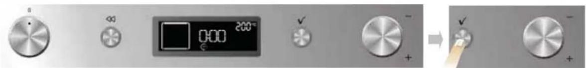 Control panel interface showing digital display with 200°C and rotary buttons, followed by a close-up of a rotary knob.