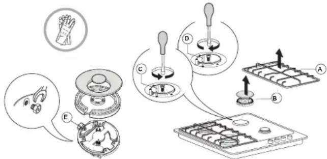Diagram illustrating a robotic arm tool with labeled parts and directional arrows indicating movement or assembly.