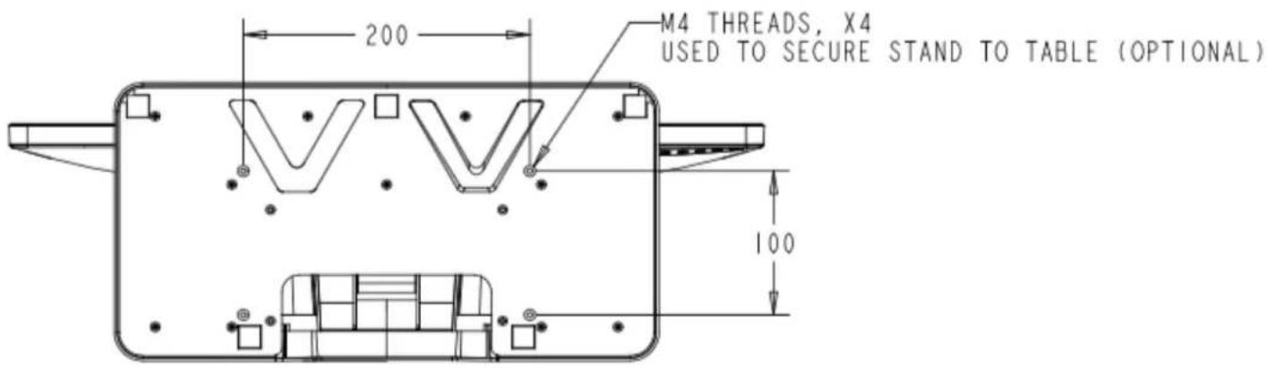 200 M4 THREADS, X4 USED TO SECURE STAND TO TABLE (OPTIONAL) 100