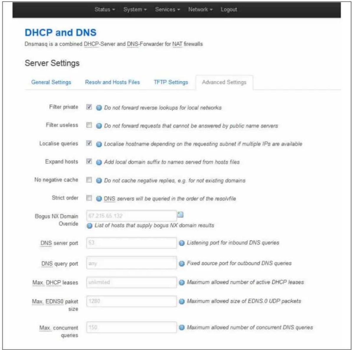 Virtual Access GW3300 - Dnsmasq: advanced settings - 1