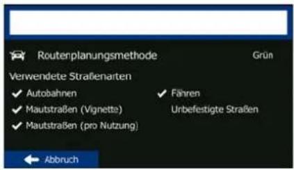 Routerplanungsmethode Grün Verwendete Straßenarten ✓ Autobahnen ✓ Fähren ✓ Mautstraßen (Vignette) Unbefestigte Straßen ✓ Mautstraßen (pro Nutzung) ← Abbruch