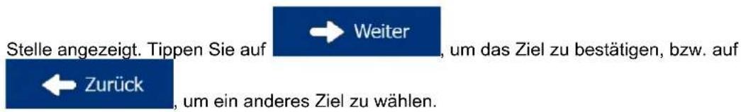 Stelle angezeigt. Tippen Sie auf → Weiter, um das Ziel zu bestätigen, bzw. auf ← Zurück, um ein anderes Ziel zu wählen.